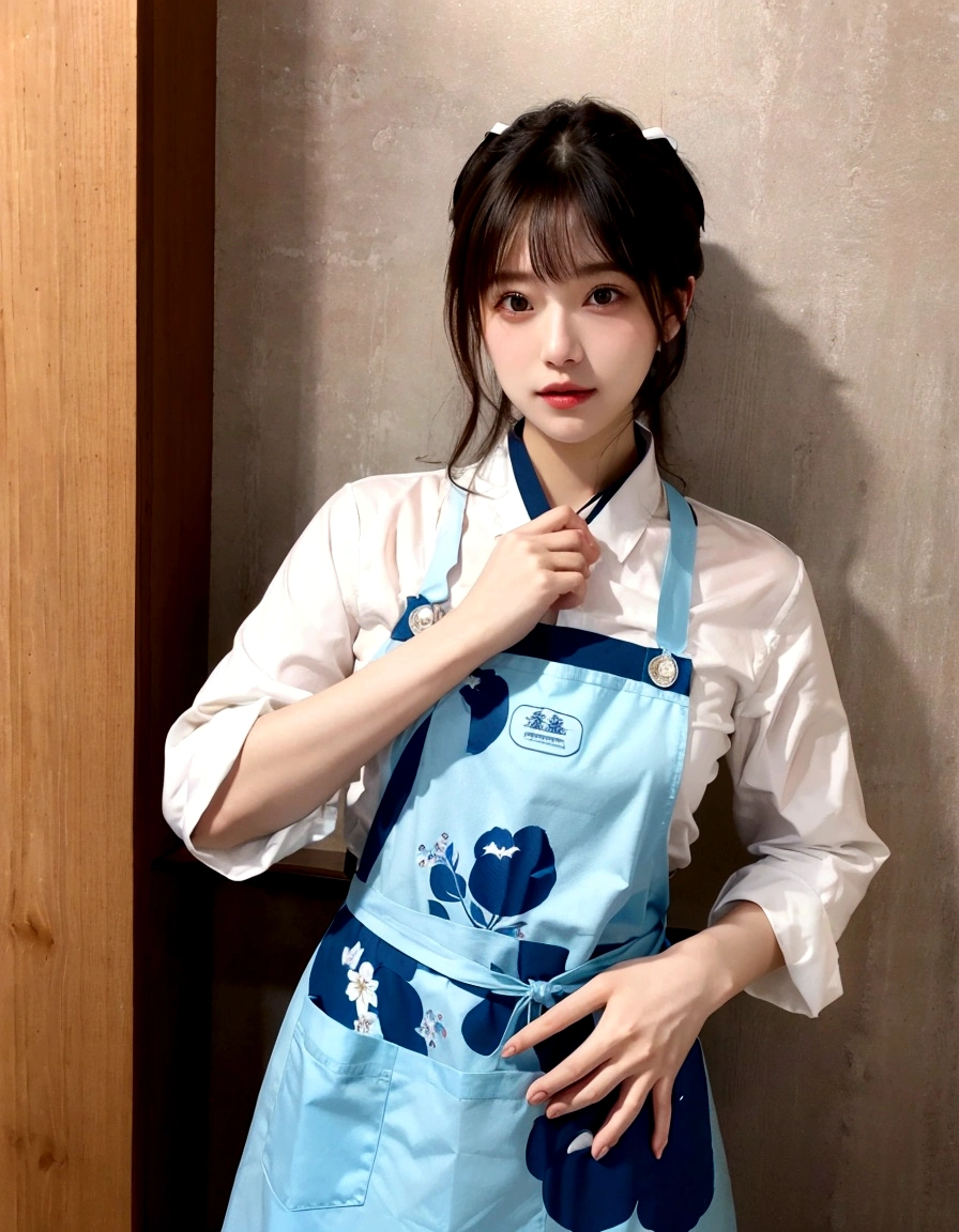 front女性，front，front高清人像，Realism，Hold with both hands，Wear a red apron，front主妇