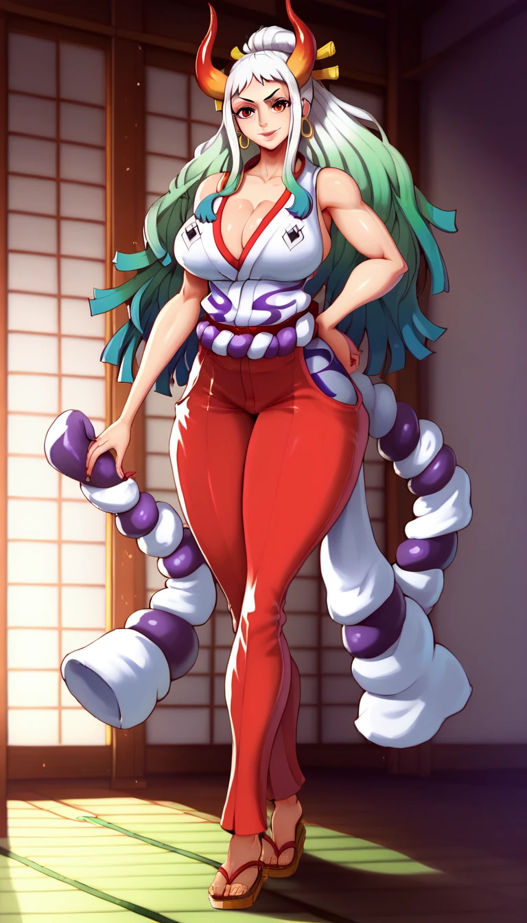 ((high aesthetic)), absurdres, absurd resolution, highly rated, highres, high resolution, best quality, masterpiece, full body, (facing viewer), standing, 1girl, ((solo)), indoors, clothed, ((perfect face)), perfect eyes, tight outfit, smile, natural skin texture, 4k textures, hdr, intricate, highly detailed, puffy lips, thick lips, hyperdetailed, mature female, yamato\(one piece\),  cleavage, multicolored hair, white hair, green hair, oni horn ,colored horn, long hair, red eyes, sleeveless kimono, white kimono, red pants, skinny