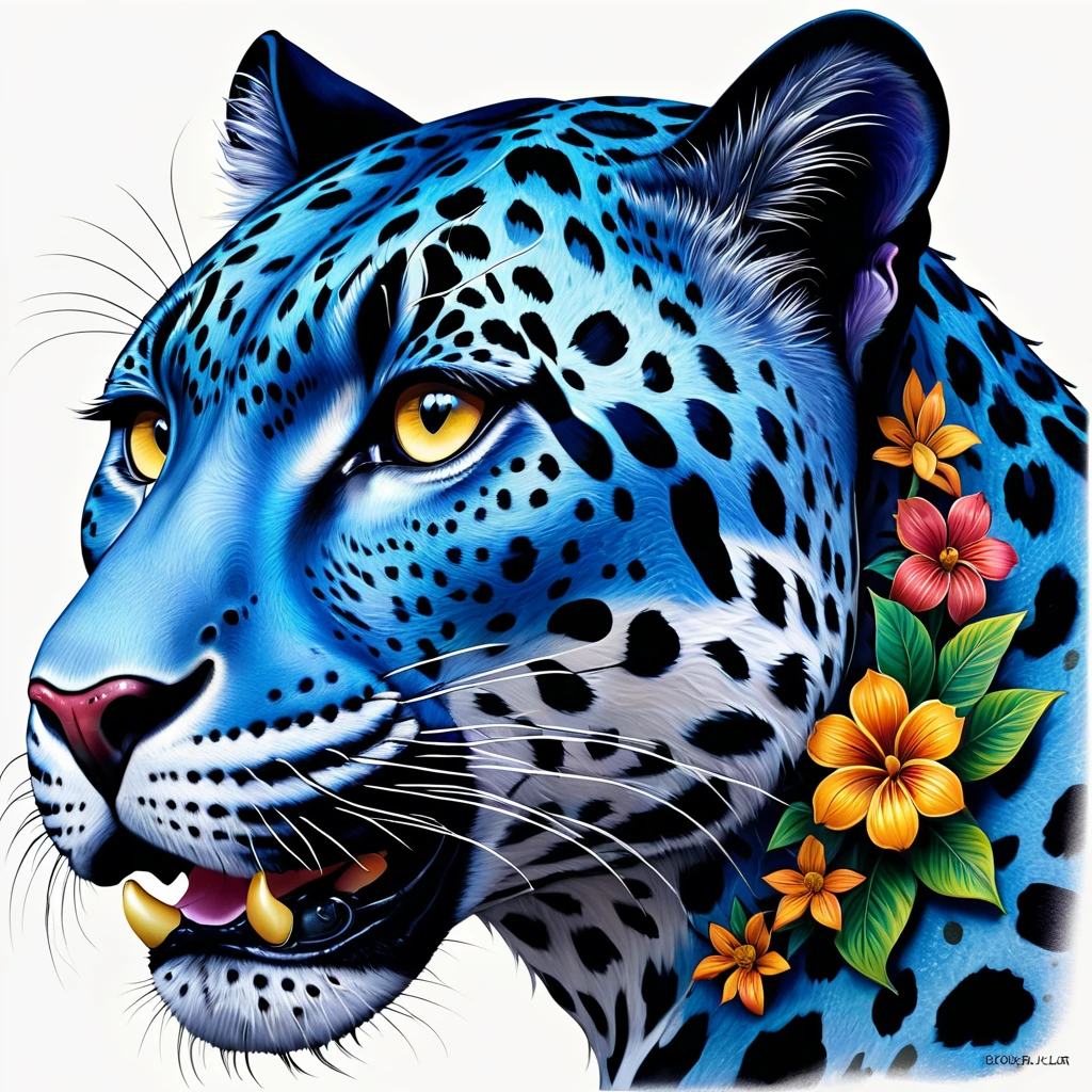 脸上有花卉图案的彩色Leopard子, Just a joke, jaguar head tattoodesign, alebrijes aesthetics, Extremely complex and colorful, the blue Leopard, detailed beautiful animals, inspired Very detailed and hypnotic, Leopard, the smooth black jaguar, high detailed Print, Print!, jaguar, Mexican Folk Art