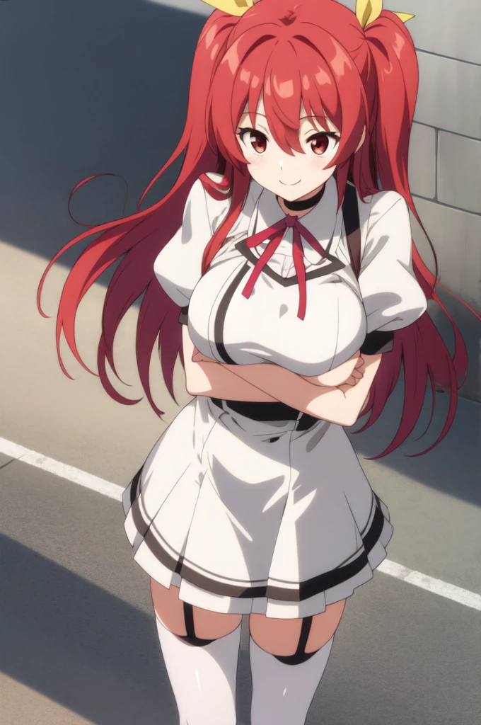 (masterpiece:1.2), (best_quality:1.2), ultra high res, ultra-detailed, 8K, HDR, highres, anime, highly detailed, (best shadow), (absurdres), 
BREAK stella vermillion, (large breast:1.3), (perfect proportion:1.2), (narrow waist), 
BREAK hair between eyes, hair intakes, hair ribbon, long hair, (red eyes:1.5), red hair, two side up, yellow ribbon,
BREAK black choker, choker, emblem, garter straps, neck ribbon, plaid, puffy short sleeves, puffy sleeves, purple ribbon, red hair, ribbon, 
BREAK , shirt, short sleeves, skirt, thighhighs, white shirt, white skirt,
BREAK standing, outdoors, school courtyard, smile, from below,  