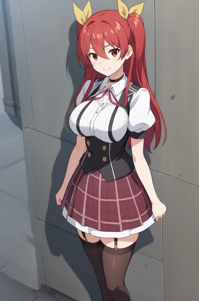 (masterpiece:1.2), (best_quality:1.2), ultra high res, ultra-detailed, 8K, HDR, highres, anime, highly detailed, (best shadow), (absurdres), 
BREAK stella vermillion, (large breast:1.3), (perfect proportion:1.2), (narrow waist), 
BREAK hair between eyes, hair intakes, hair ribbon, long hair, (red eyes:1.5), red hair, two side up, yellow ribbon,
BREAK black choker, choker, emblem, garter straps, neck ribbon, plaid, puffy short sleeves, puffy sleeves, purple ribbon, red hair, ribbon, 
BREAK , shirt, short sleeves, skirt, thighhighs, white shirt, white skirt,
BREAK standing, outdoors, school courtyard, smile, from below,  