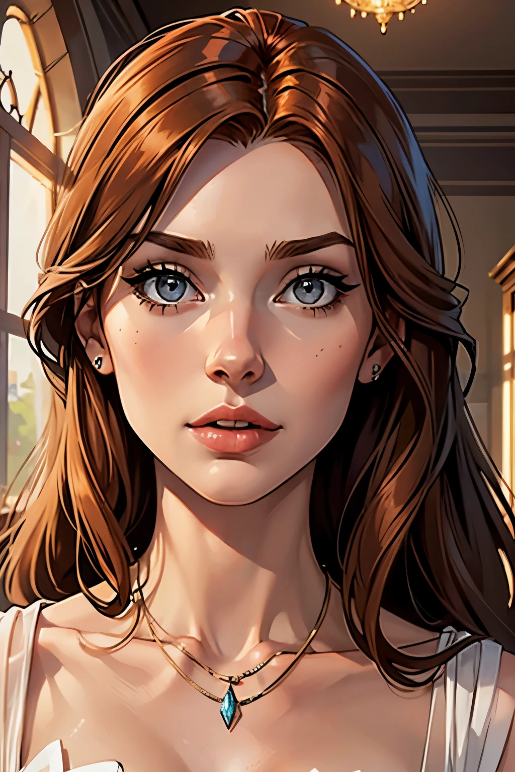 best qualityer, work of art, (realisitic: 1.2), 1 girl, slender girl, ginger hair, eyes browns, 3/4 view, face detailed, gorgeous eyes, eyes gray, eyes large, breasts small, necklace, see through gown