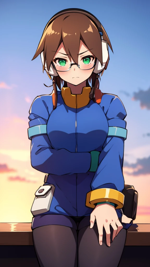 Aile_Megamanzx, 1 Girl, looking at viewer, Brown hair, Green eyes, Sky background , Blushed , Leaning on a table , Glasses , gaming clothes, gaming headphones