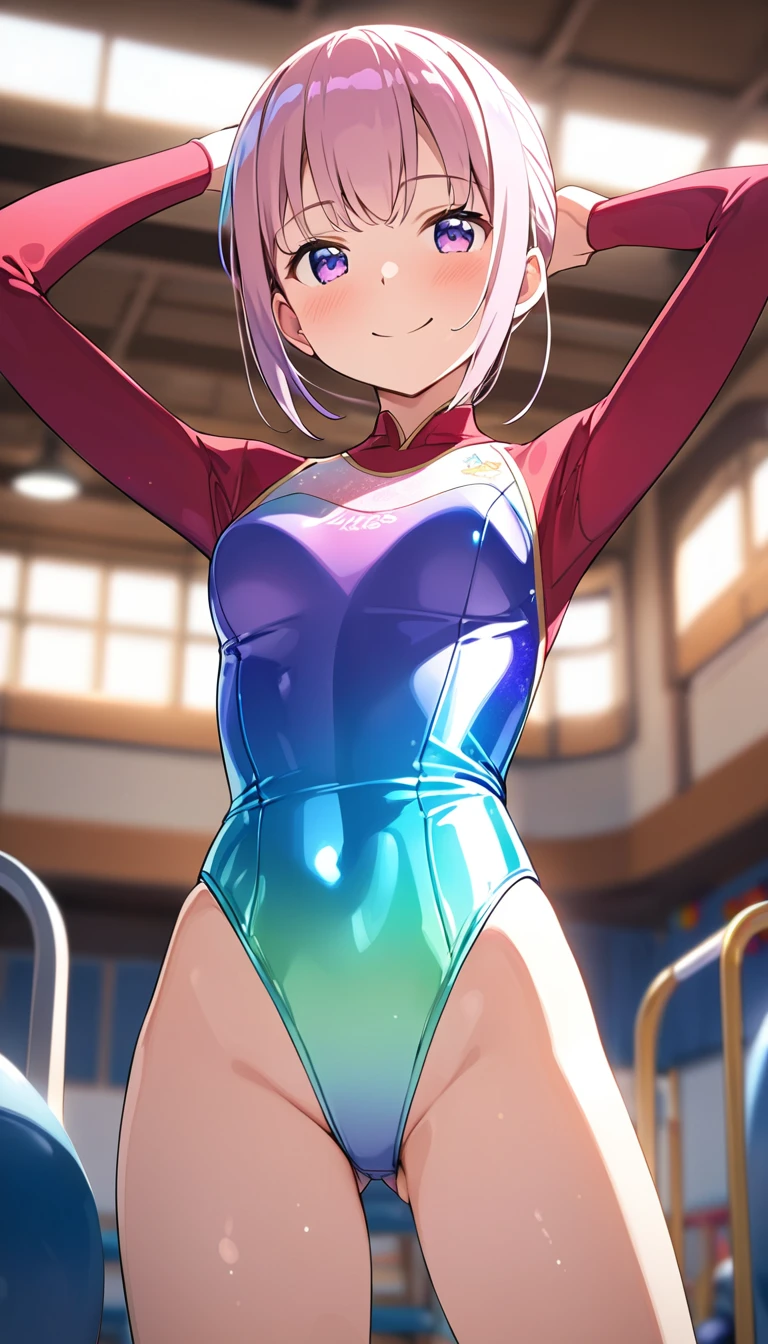 highquality illustration, masterpiece, very delicate and beautiful, attractive girl,(gymnastics leotard, Floral patterns leotard,long sleeve leotard with glittery decoration,high_leg leotard,athletic leotard,tight-fit leotard,iridescent gradient leotard),thin,slender body,slim,high school,gymnasium background,gymnastics club,gymnastics athlete,princess, beautiful eyes,light smile,(masterpiece, best quality:1.2), highres, extremely detailed CG unity 8k wallpaper, perfect lighting, Colourful, ultra-high res,4K,ultra-detailed, photography, 8K, HDR,  ages, 