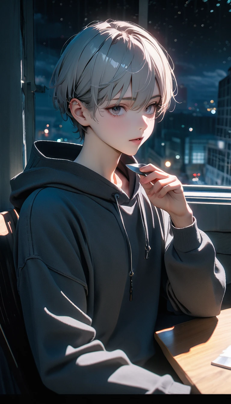 (8K, RAW photos, best quality, masterpiece: 1.4), (((The boy sits at the desk))),Ultra-high resolution, Extremely detailed, light, Upper body close-up, handsome boy, black eyes, (delicate eyes, Eyes are bright:1.2), Gray short hair, Fair skin,dark, Grey sweatshirt, sweatshirt with hood,(perfect anatomy:1.2), High-quality shadows, Natural Lighting, (White highlights:1.2), night, cloudy day, (at home:1.2), (Boning knife in hand:1.2)