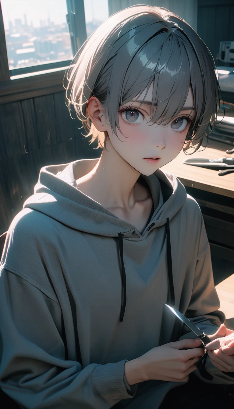 (8K, RAW photos, best quality, masterpiece: 1.4), (((The boy sits at the desk))),Ultra-high resolution, Extremely detailed, light, Upper body close-up, handsome boy, black eyes, (delicate eyes, Eyes are bright:1.2), Gray short hair, Fair skin,dark, Grey sweatshirt, sweatshirt with hood,(perfect anatomy:1.2), High-quality shadows, Natural Lighting, (White highlights:1.2), night, cloudy day, (at home:1.2), (Boning knife in hand:1.2)