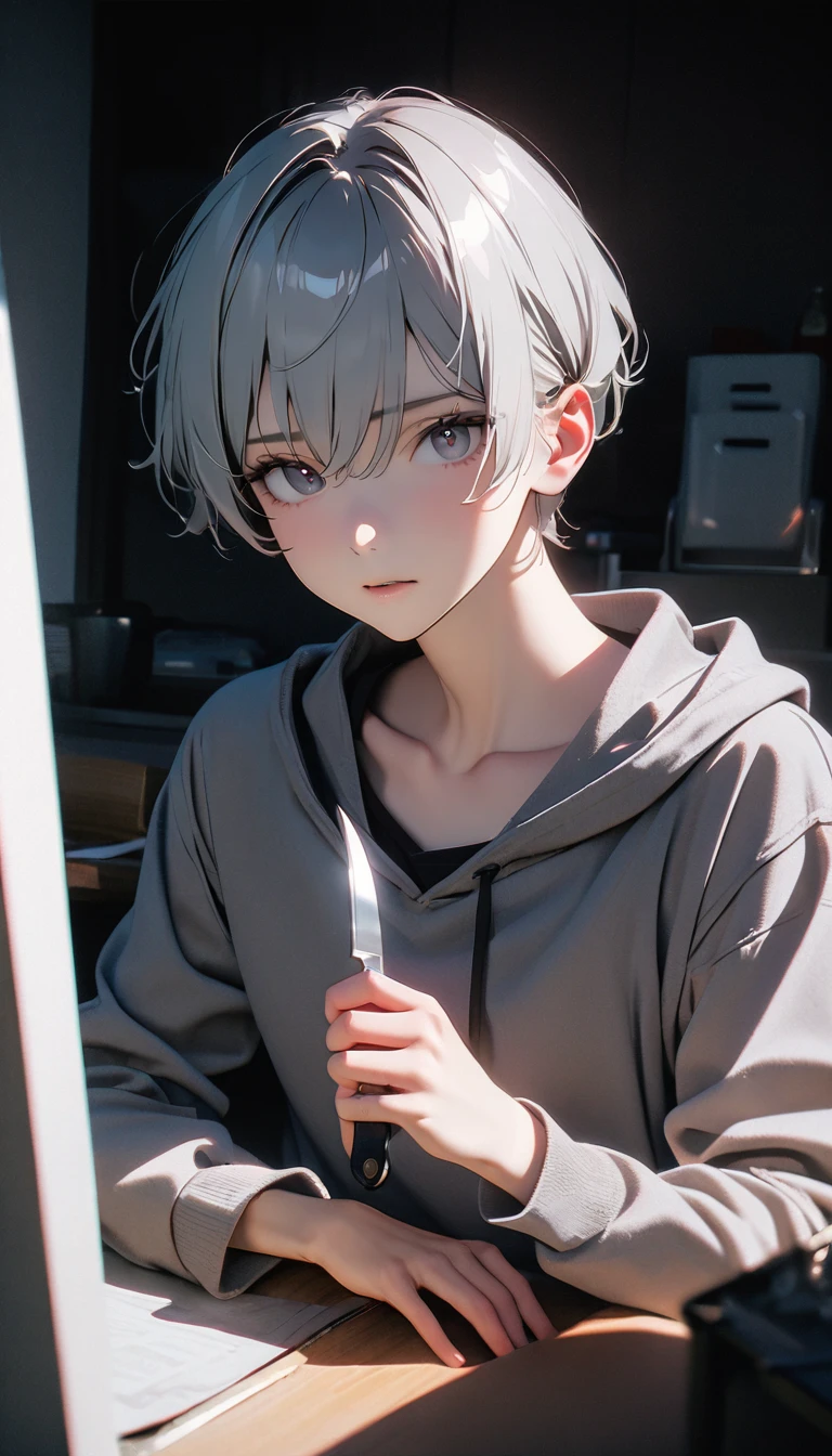 (8K, RAW photos, best quality, masterpiece: 1.4), (((The boy sits at the desk))),Ultra-high resolution, Extremely detailed, light, Upper body close-up, handsome boy, black eyes, (delicate eyes, Eyes are bright:1.2), Gray short hair, Fair skin,dark, Grey sweatshirt, sweatshirt with hood,(perfect anatomy:1.2), High-quality shadows, Natural Lighting, (White highlights:1.2), night, cloudy day, (at home:1.2), (Boning knife in hand:1.2)