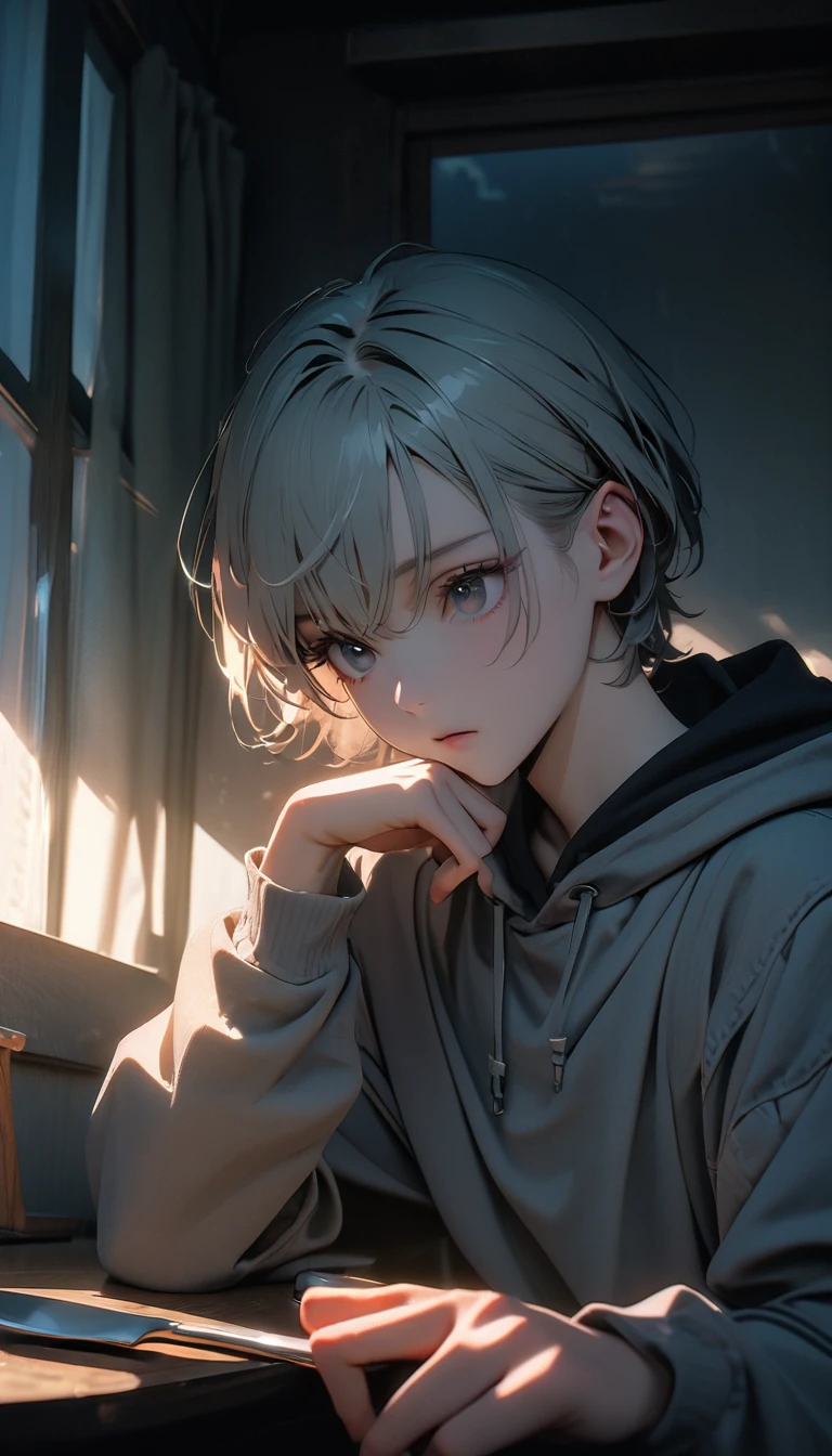 (8K, RAW photos, best quality, masterpiece: 1.4), (((The boy sits at the desk))),Ultra-high resolution, Extremely detailed, light, Upper body close-up, handsome boy, black eyes, (delicate eyes, Eyes are bright:1.2), Gray short hair, Fair skin,dark, Grey sweatshirt, sweatshirt with hood,(perfect anatomy:1.2), High-quality shadows, Natural Lighting, (White highlights:1.2), night, cloudy day, (at home:1.2), (Boning knife in hand:1.2)