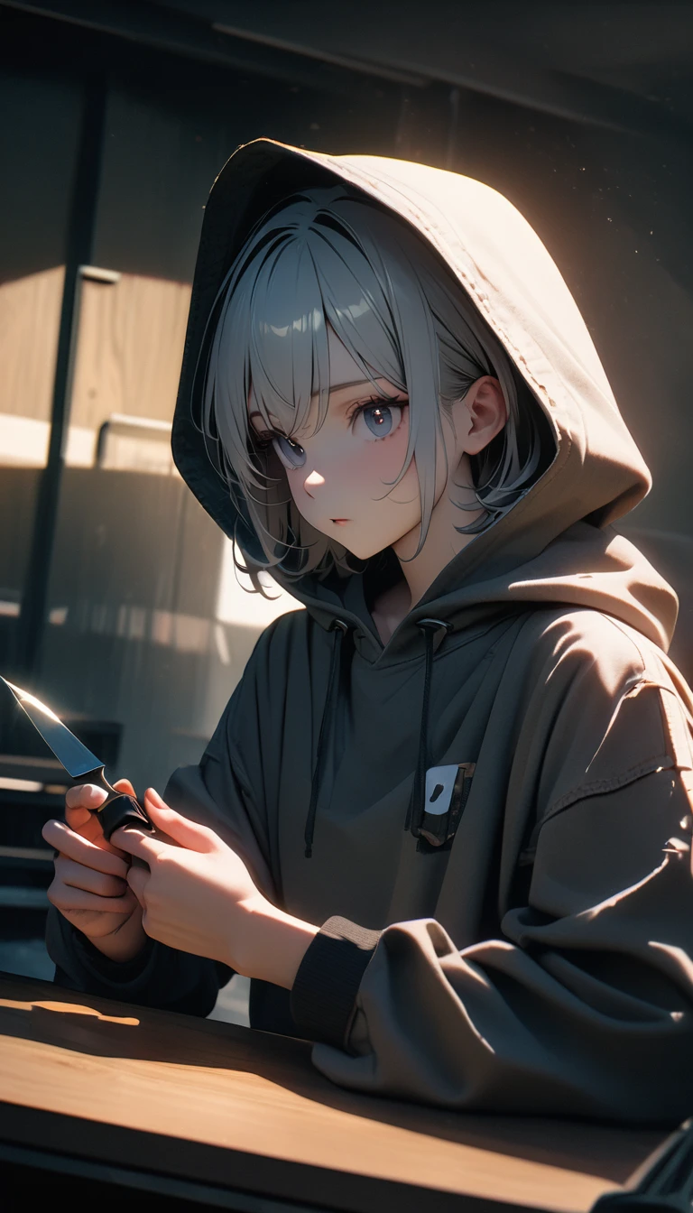 (8K, RAW photos, best quality, masterpiece: 1.4), (((The boy sits at the desk)))，Ultra-high resolution, Extremely detailed, light, Upper body close-up, handsome boy, black eyes, (delicate eyes, Eyes are bright:1.2), Gray short hair, Fair skin,dark, Grey sweatshirt, sweatshirt with hood,(perfect anatomy:1.2), High-quality shadows, Natural Lighting, (White highlights:1.2), night, cloudy day, (at home:1.2), (Boning knife in hand:1.2)