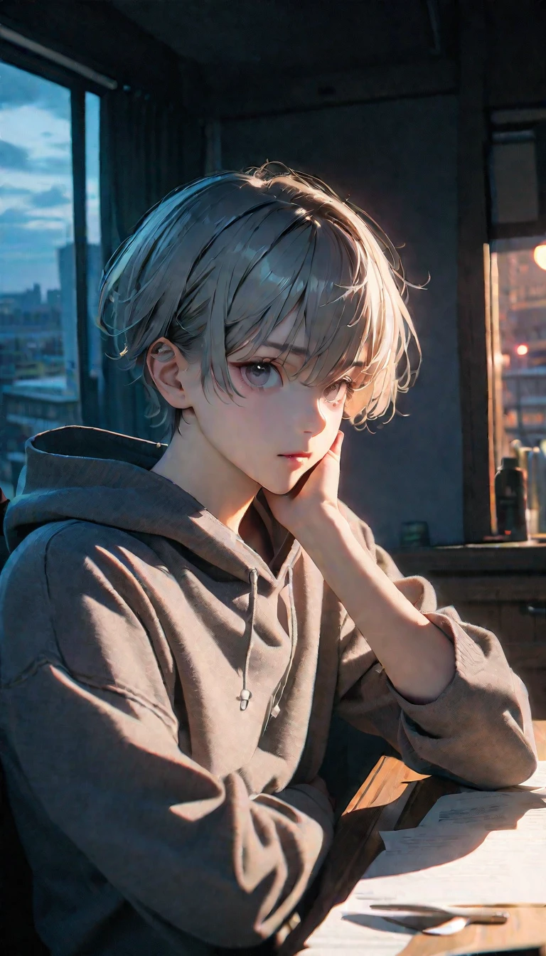 (8K, RAW photos, best quality, masterpiece: 1.4), (((The boy sits at the desk)))，Ultra-high resolution, Extremely detailed, light, Upper body close-up, handsome boy, black eyes, (delicate eyes, Eyes are bright:1.2), Gray short hair, Fair skin,dark, Grey sweatshirt, sweatshirt with hood,(perfect anatomy:1.2), High-quality shadows, Natural Lighting, (White highlights:1.2), night, cloudy day, (at home:1.2), (Boning knife in hand:1.2)