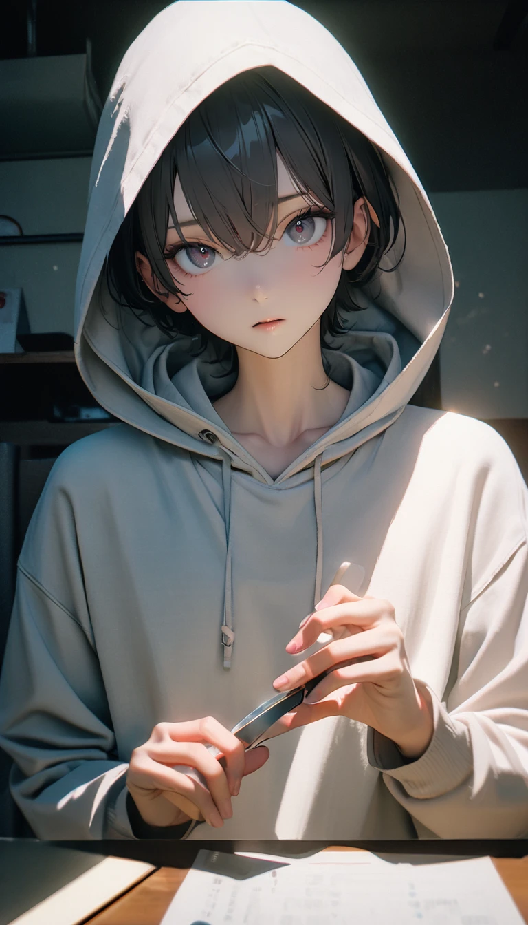 (8K, RAW photos, best quality, masterpiece: 1.4), (((The boy sits at the desk)))，Ultra-high resolution, Extremely detailed, light, Upper body close-up, handsome boy, black eyes, (delicate eyes, Eyes are bright:1.2), Gray short hair, Fair skin,dark, Grey sweatshirt, sweatshirt with hood,(perfect anatomy:1.2), High-quality shadows, Natural Lighting, (White highlights:1.2), night, cloudy day, (at home:1.2), (Boning knife in hand:1.2)