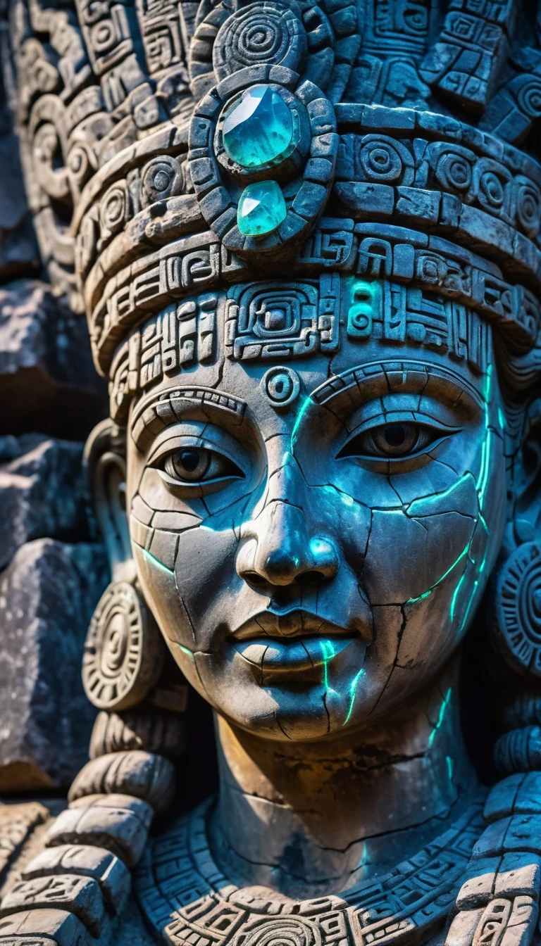 Detailed close-up, Weathered Mayan statue of a woman, Close-up of complex facial features, Glowing crystal veins, Neon streaks against ancient stone, Cracked texture, Mystic energy,bust
