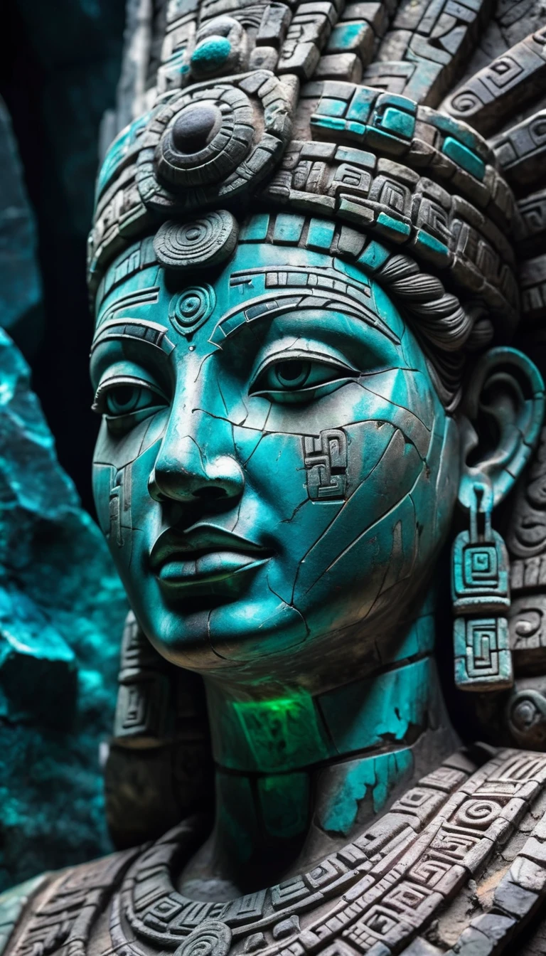 Detailed close-up, Weathered Mayan statue of a woman, Close-up of complex facial features, Glowing crystal veins, Neon streaks against ancient stone, Cracked texture, Mystic energy,bust