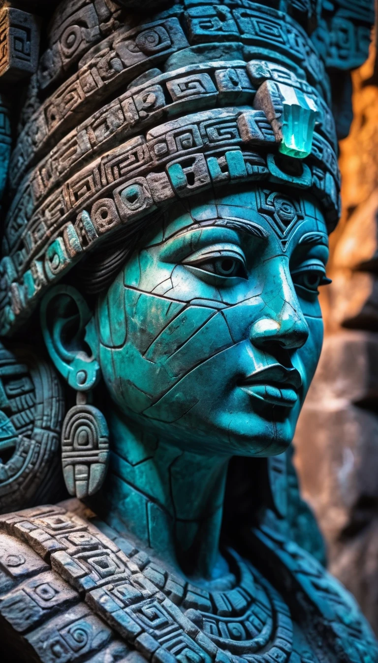 Detailed close-up, Weathered Mayan statue of a woman, Close-up of complex facial features, Glowing crystal veins, Neon streaks against ancient stone, Cracked texture, Mystic energy，bust