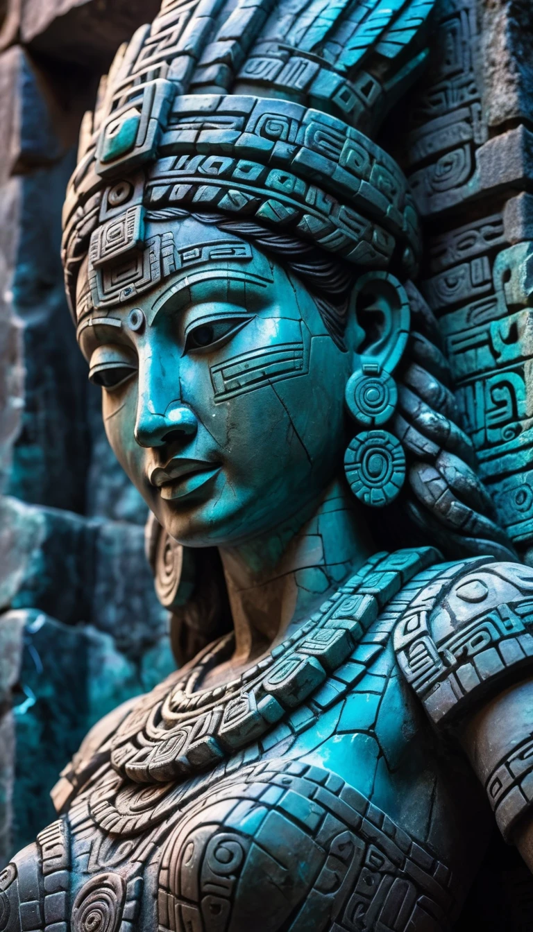 Detailed close-up, Weathered Mayan statue of a woman, Close-up of complex facial features, Glowing crystal veins, Neon streaks against ancient stone, Cracked texture, Mystic energy，bust