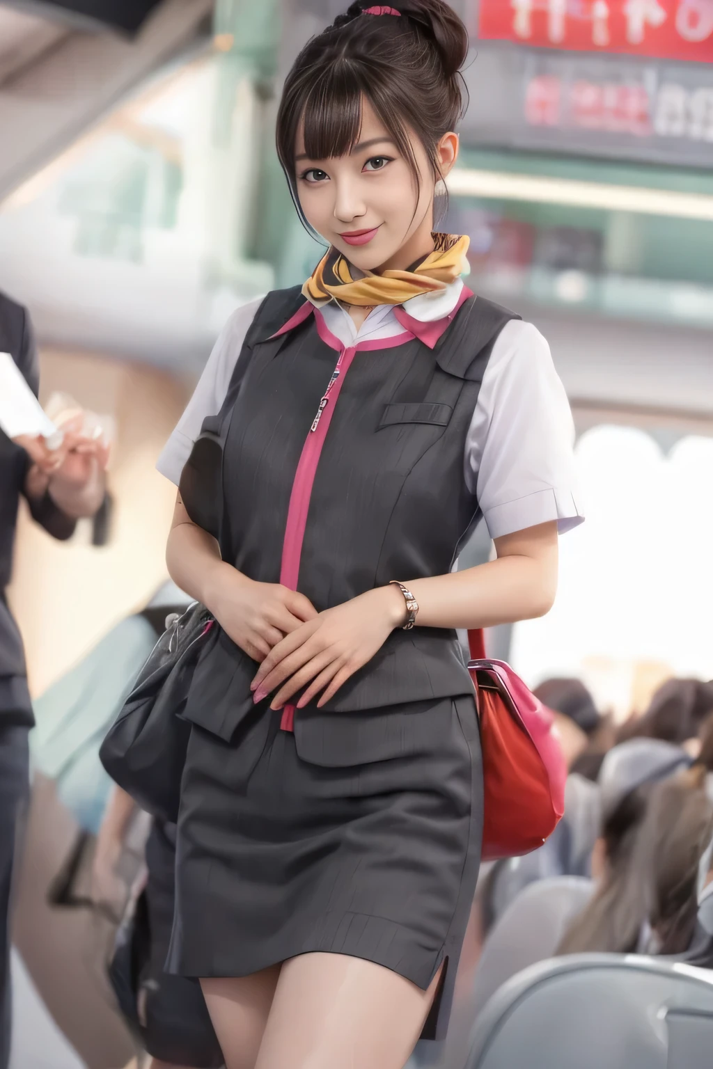 (masterpiece:1.2, Highest quality:1.2), 32k HDR, High resolution, (alone、One girl)、(At the station platform、Professional Lighting)、Empty train station platform background、(Realistic style of JR Gran Class crew uniform)、Short sleeve blouse、a scarf around the neck、(JR Gran Class flight attendant uniform with pink parts on the skirt sleeves)、(The uniform of a flight attendant in JR Gran Class has a pink line on the front zipper of the vest.)、Dark brown hair、(Chignon、Hair tied up)、Dark brown hair、Long Shot、Big Breasts、((Great hands:2.0)),((Harmonious body proportions:1.5)),((Normal limbs:2.0)),((Normal finger:2.0)),((Delicate eyes:2.0)),((Normal eyes:2.0)))、Big Breasts、Luxury Necklace、smile、Beautiful standing posture,Place your hands around your stomach