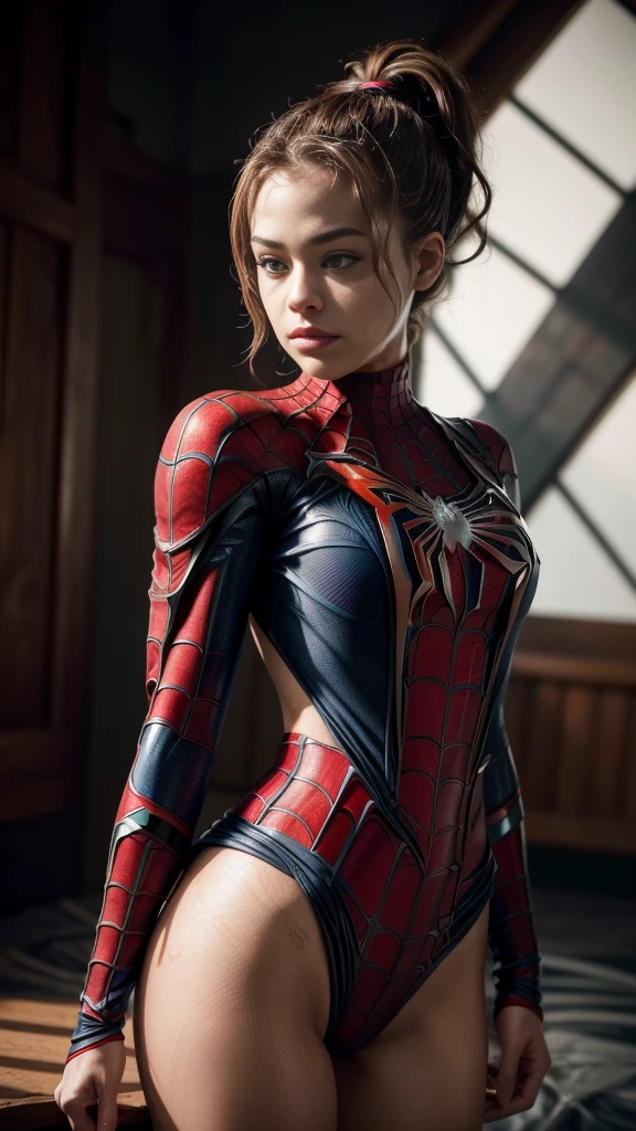 a professional studio upper-torso portrait photo of a seductive Mary Mouser wearing intricate latex ((spider-man swimsuit:1.2)), (ponytail hair),flowy long wide sleeve, (large breasts), ((breasts uncovered:1.2)),((no bra)), ((huge cleavage)),(red hair), moody portrait, striking features, beauty, intricate details, dramatic composition, tension, wispy hair, contrast, sweaty shiny skin, texture, realism, high-quality rendering, stunning art, high quality, film grain, Fujifilm XT3, detailed skin, volumetric fog, backless,