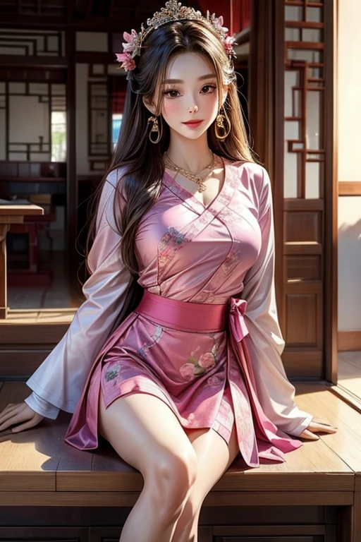 best quality, masterpiece, high resolution, 1 Girl, ancient Chinese pink skirt, Pretty Face, Chinese Clothing, There is no original picture of the bow, elegant, noble, crown, Thin legs, Fairy, Hair accessories, Solitary, Looking at the audience, Smile, Residence, Lips, skirt, Hair accessories, necklace, Jewelry, Long hair, earrings, architecture, east asian architecture