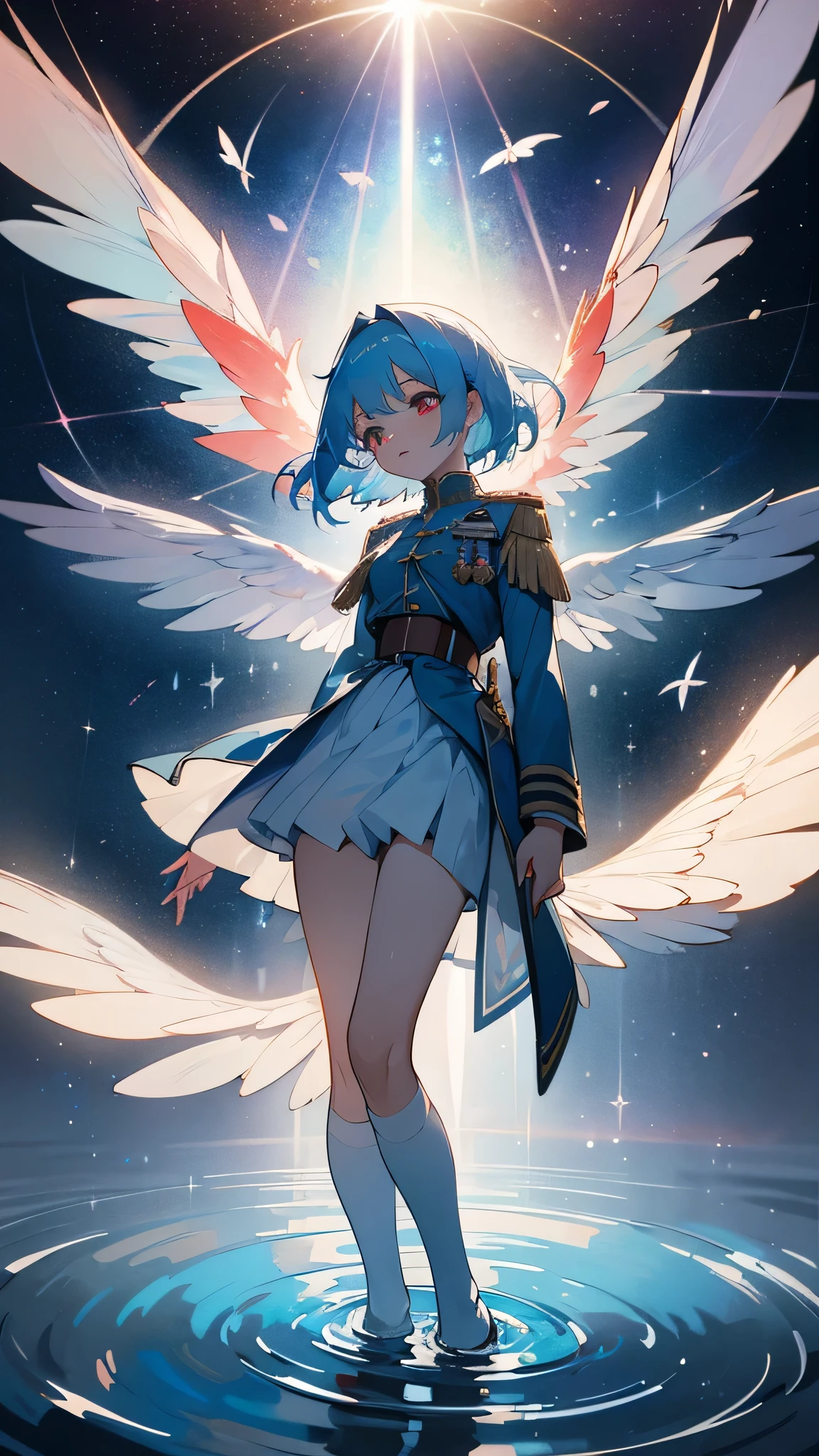 a beautiful young girl with blue angelic wings spread out like stained glass, light blue hair,piercing red eyes, translucent hair color, military-style uniform, standing on water with ripples spreading out, shimmering light particles, rays of light, soft bokeh, overall high quality, extremely detailed, masterpiece