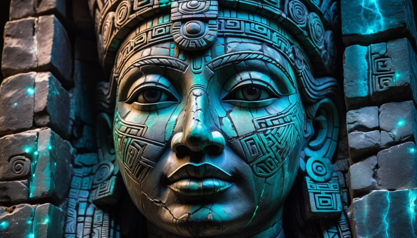 Detailed close-up, Weathered Mayan statue of a woman, Close-up of complex facial features, Glowing crystal veins, Neon streaks against ancient stone, Cracked texture, Mystic energy，bust