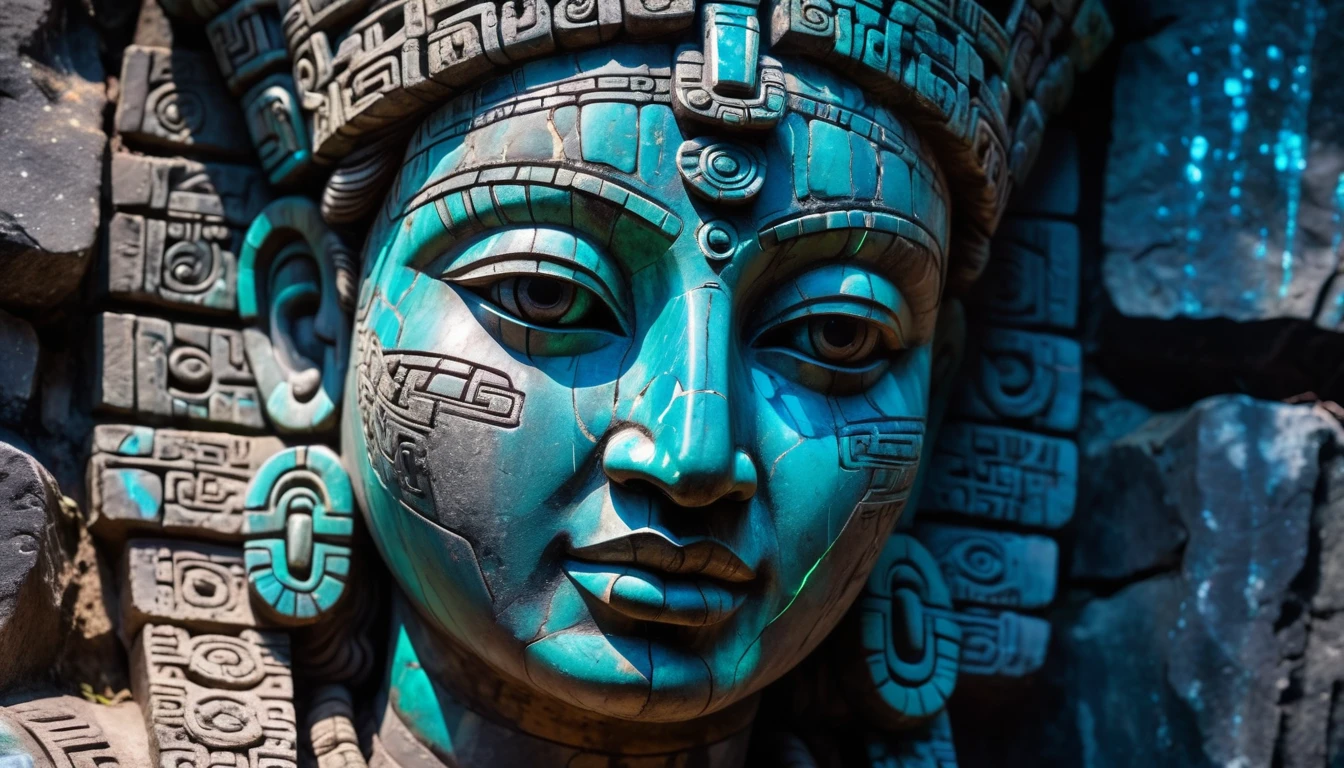 Detailed close-up, Weathered Mayan statue of a woman, Close-up of complex facial features, Glowing crystal veins, Neon streaks against ancient stone, Cracked texture, Mystic energy，bust