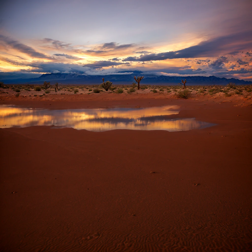 desert, few brush, raining, dark cloud, dawn,
