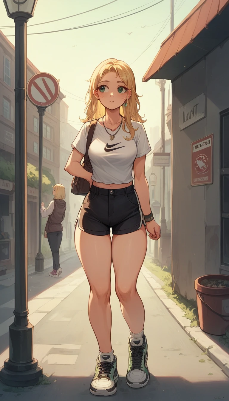 A young american cute woman with a slender build is wearing a white shirt and black shorts. She is standing on a sidewalk next to a street light. The woman has long blonde hair and is looking away from the camera. The street light has a sign on it and there is a necklace around the woman''s neck. Fair with a few freckles around her nose and cheeks.The scene is set against a background of urban surroundings. The woman''s outfit gives off a sporty and casual vibe, with the black shorts possibly being a Nike Pro brand. The overall atmosphere is modern and relaxed. The woman have thick thighs and preaky medium breast.