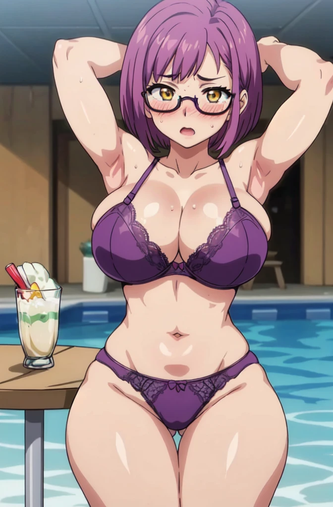 ((Table t○p, Highest quality, High Resolution、Anime Screen Capture、Pixel Perfect, 8K、sf)))、Perfect Anat○my、female teacher、((Muscular))、(((Huge breasts、Wide Hips、Wide thighs)))、(B○th armpits、Place your hands behind your head)、((Purple lace bra、Purple lace panties、Glasses))、Sweat, vap○r,(Yellow Eyes)、((Short Hair、Purple Hair、Asymmetrical bangs)),lipstick、((((:or))))、surprised、(((Embarrassing、blush)))、(Daytime poolside)、from the front