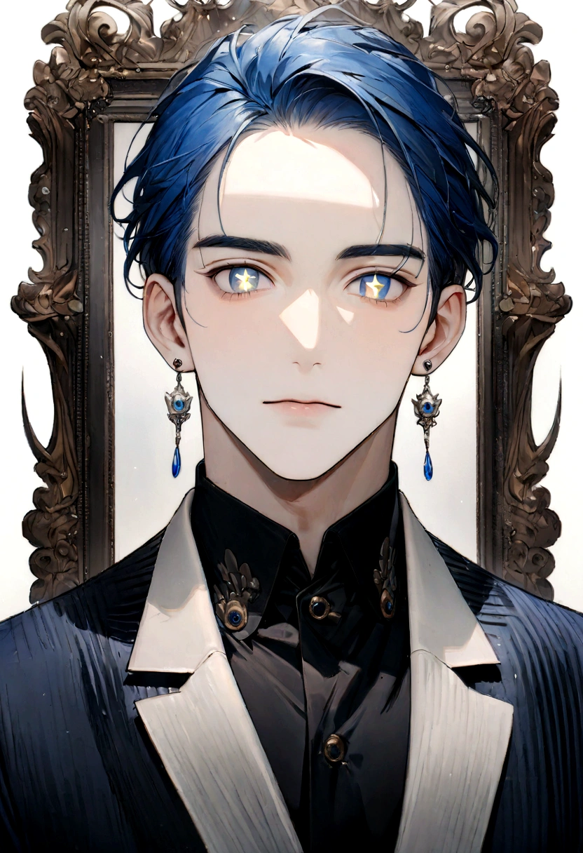 ((Highest quality, 8K, masterpiece :1.3)), whole body、whole body、whole body、whole body、Character portrait、male、masterpiece、Handsome、uncle、The forehead is visible、30 years old、Blue Hair、Long earrings、Worn suit、Jacket、Give bangs、Showing his forehead、Handsome、Intricately drawn eyes、good looking、Plain white background、Starry Ski、White background、whole body、Character portrait、Character portrait