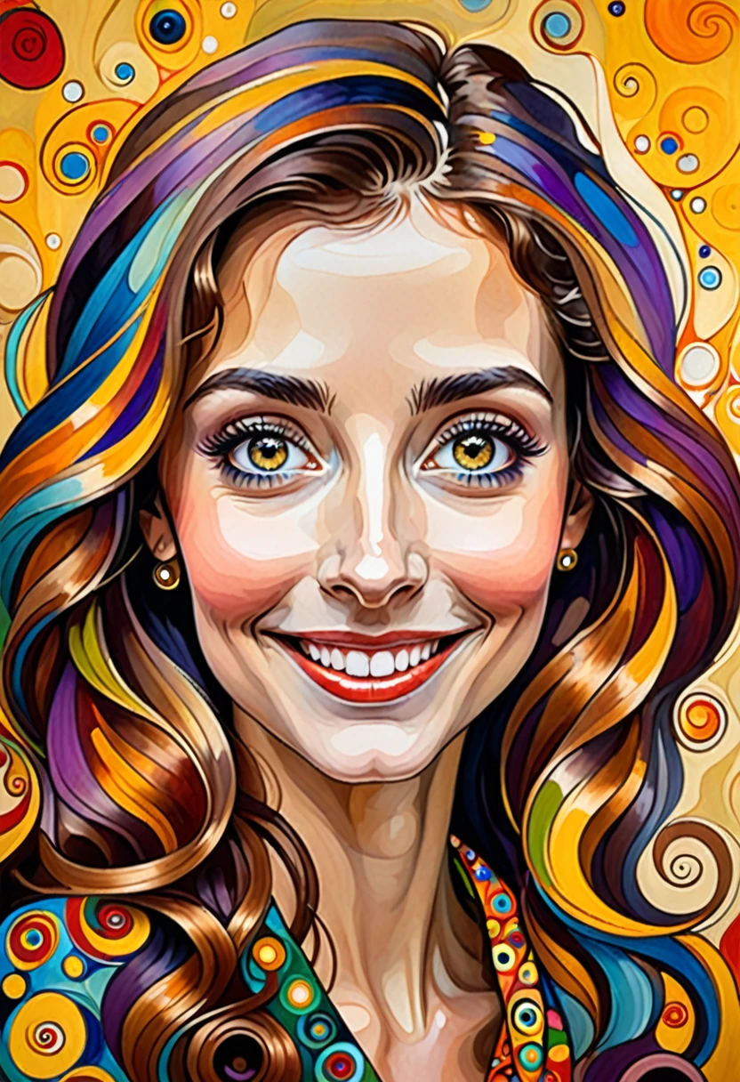 Colorful woman smiling, huge eyes, Gustav Klimt style realistic caricature proportion 
