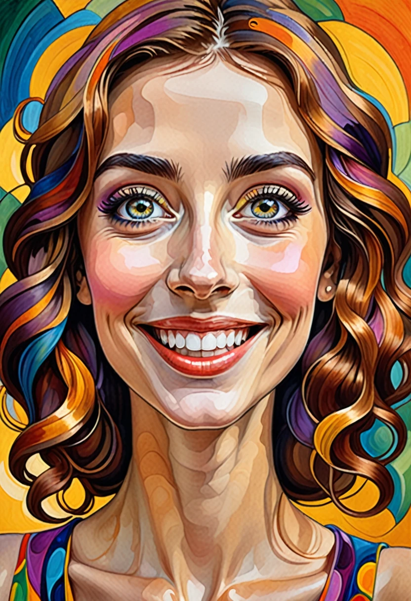 Colorful woman smiling, huge eyes, Gustav Klimt style realistic caricature proportion