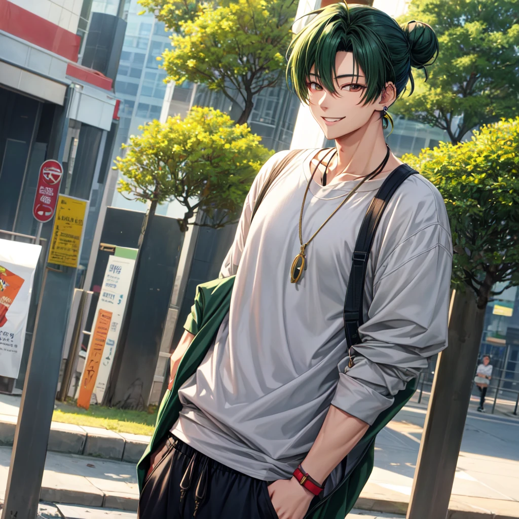 anime panel,upper body, 1Male,solo Korean, attractive man, dark green hair, medium hair, tied in a bun, gray slanted eyes, casual clothes, necklace, piercing, park background,smiling