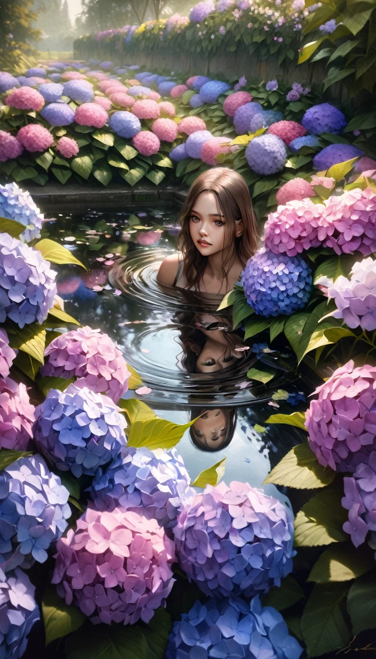 (Highest quality:1.2, Very detailed, Many flowers reflected in a puddle、Latest, wallpaper, Ultra-high resolution, Realistic, masterpiece:1.2, Highest quality, Best aesthetics),Hydrangea, garden, It&#39;s raining lightly, Small Hill, Pebble Road, Soft Light, Dark Color Palette, Lonely, silence.