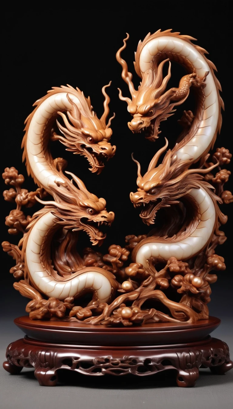 Walnut Carving Design Styles，Double Dragons Playing with a Pearl, Qi Baishi and Chen Longque、Chen Dingbo&#39;s dynamic illustration pumpkin carving, Octane Rendering,(best quality, masterpiece, representative work, Official Art, professional, 8K:1.3)