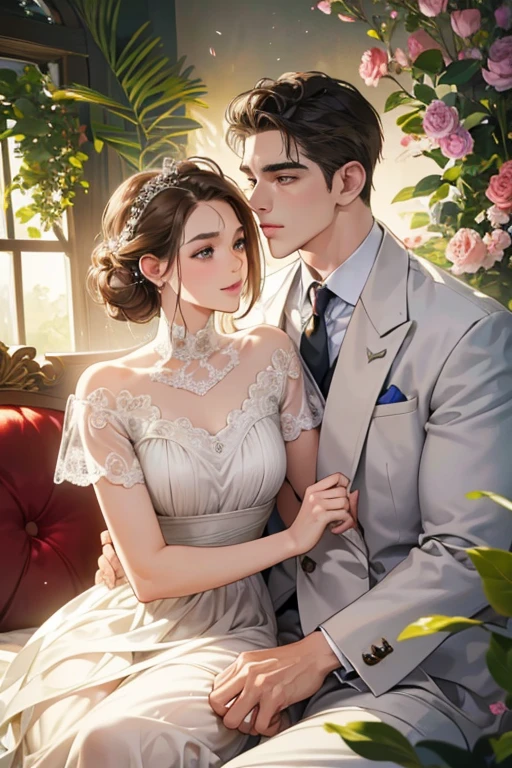 a beautiful young woman with light brown hair in a bun, innocent look, droopy eyebrows, drooling eyes, round face, round jaws, innocence, cute, big eyes, natural makeup, gentle smile, E cup, 23 years old, two handsome men in suits, muscular, firm shoulder width, mannish hairstyle, 30s cool expression, 28-year-old with bright smile, a garden full of light, lots of colorful flowers, squirt, a bouquet of gypsophila, an antique sofa, resort sofa, a couple kissing, wedding dress, wedding style, (best quality,4k,8k,highres,masterpiece:1.2),ultra-detailed,(realistic,photorealistic,photo-realistic:1.37),HDR,UHD,studio lighting,ultra-fine painting,sharp focus,physically-based rendering,extreme detail description,professional,vivid colors,bokeh,portraits,concept art,soft lighting,warm color tone