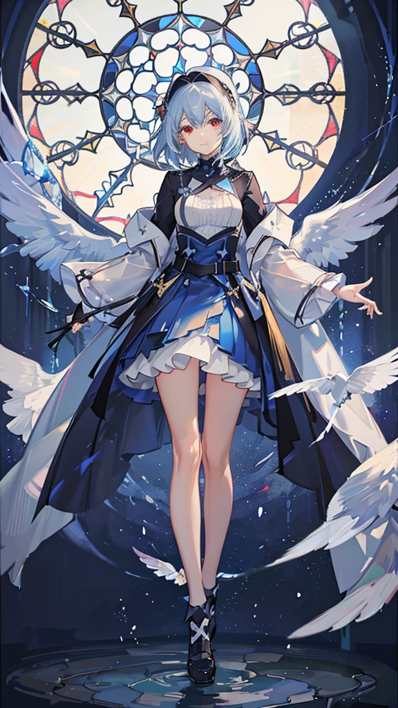 a beautiful young girl with blue angelic wings spread out like stained glass, light blue hair,piercing red eyes, translucent hair color, military-style uniform, standing on water with ripples spreading out, shimmering light particles, rays of light, soft bokeh, overall high quality, extremely detailed, masterpiece