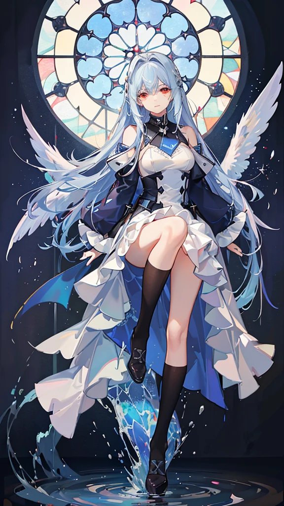 a beautiful young girl with blue angelic wings spread out like stained glass, light blue hair,piercing red eyes, translucent hair color, military-style uniform, standing on water with ripples spreading out, shimmering light particles, rays of light, soft bokeh, overall high quality, extremely detailed, masterpiece