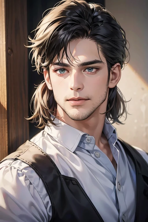 (best quality,4k,8k,highres,masterpiece:1.2),ultra-detailed,(realistic,photorealistic,photo-realistic:1.37),30 year old man,3 day beard,handsome anime,portraits,strong,masculine,dark hair,sharp jawline,mesmerizing eyes,perfectly styled hair,cool anime outfit,confident expression,vibrant colors,dynamic lighting, CEO and expression smile in love.
