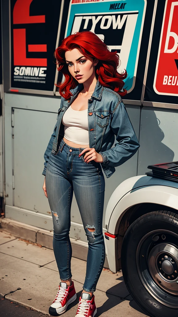 brunette woman , 21 years old year old, thin and small, pans denim, gray blouse and vinyl jacket , red hair, beauty. Comic style