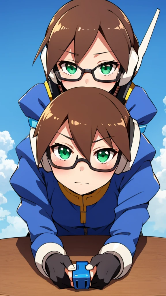 Aile_Megamanzx, 1 Girl, looking at viewer, Brown hair, Green eyes, Sky background , Blushed , Leaning on a table , Glasses , gaming clothes, gaming headphones