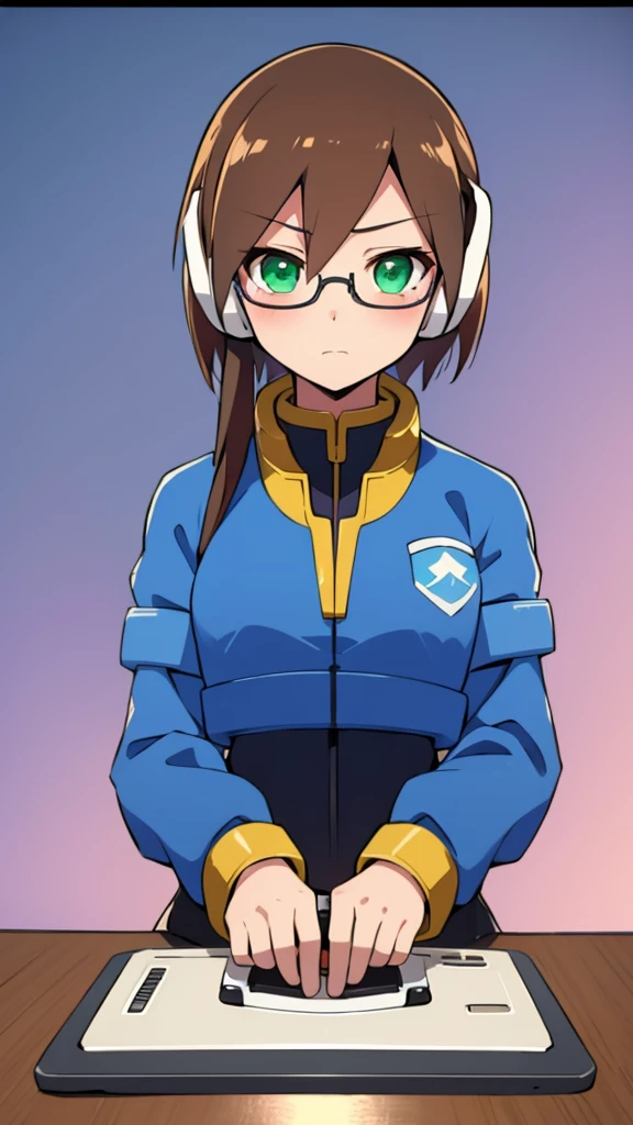 Aile_Megamanzx, 1 Girl, looking at viewer, Brown hair, Green eyes, Sky background , Blushed , Leaning on a table , Glasses , gaming clothes, gaming headphones