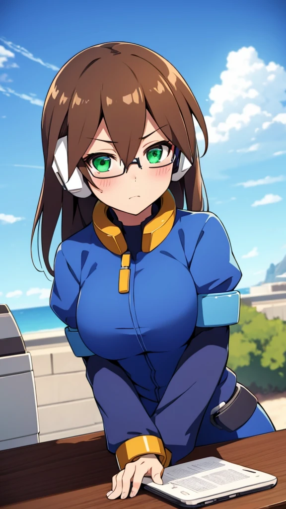Aile_Megamanzx, 1 Girl, looking at viewer, Brown hair, Green eyes, Sky background , Blushed , Leaning on a table , Glasses , gaming clothes, gaming headphones