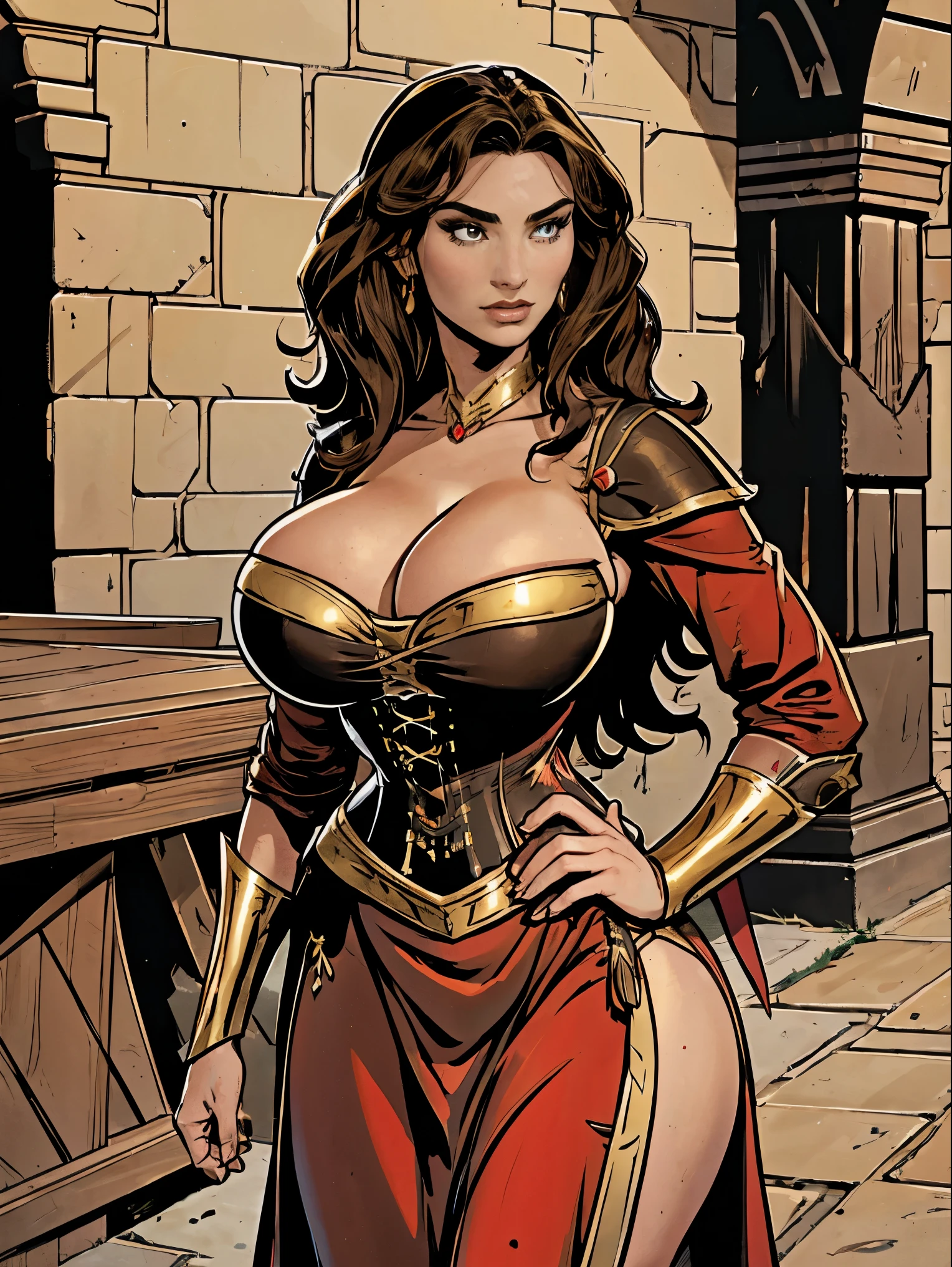 Gorgeous and sultry busty athletic (thin) brunette with sharp facial features and (huge boobs) wearing a red and black dress, long sleeves, bracers, corset, gold trim, sorceress attire.  Castle courtyard.