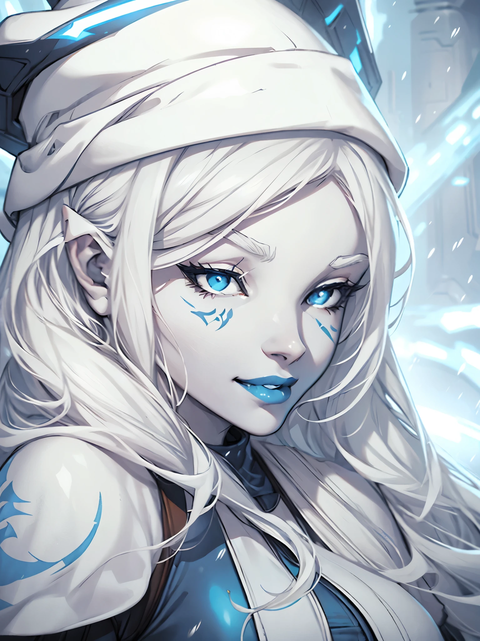 star wars, jarael, pale white skin, white hair, ((blue lips)), smiling, dressed warmly, in a snow storm, blizzard, white-out, warm hat, cleavage