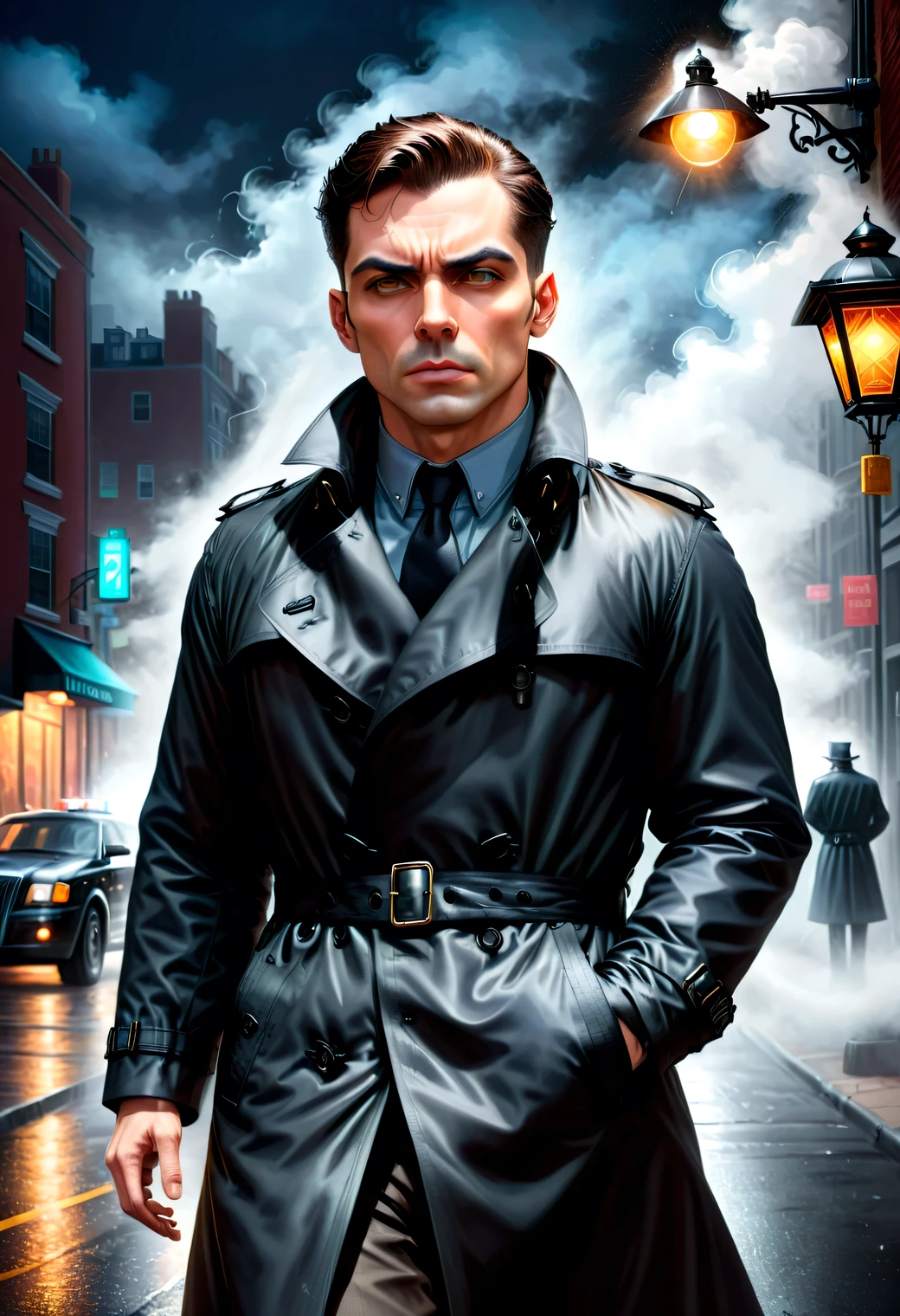 Illustration of a detective, Wearing a fashionable black trench coat, Confident Tension and thrill show in facial expressions BREAK Crime-solving, City streets, Street lights, parked cars thin mist, Tyndall effect　BREAK Mysterious,  Low angle, dramatic lighting, dark fantasy, oil painting, bold stroke of the brush, intricate detail rendering, digital art, 3D rendering, Octane render, breathtakingly beautiful CG