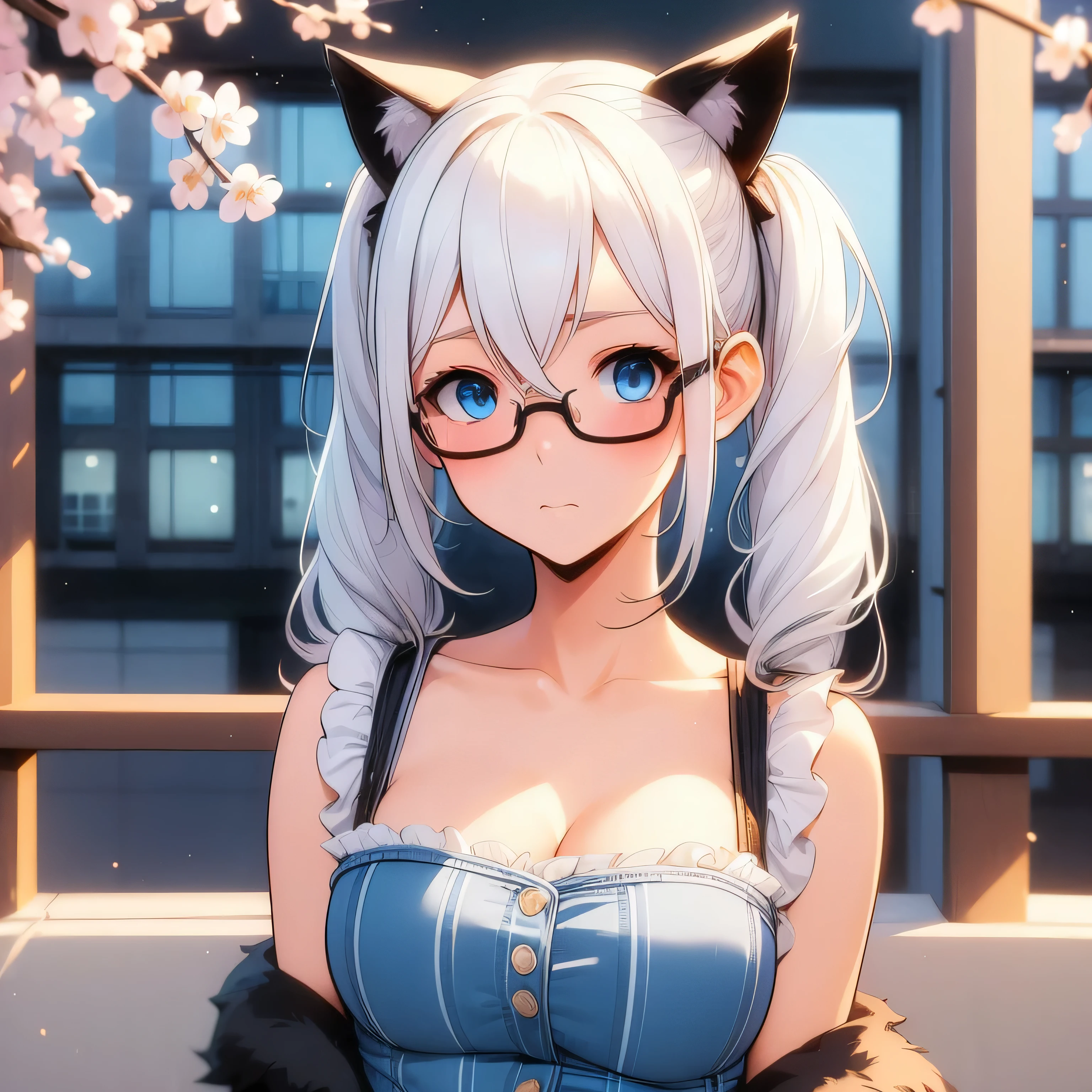 adult anime girl, white hair pigtails, black ribbons, blushing, blue eyes, white cat ears, 8k, high res, 1 girl, good lighting, fine detail, fur jacket and blue jeans, glasses, (masterpiece), perfect face, best quality, looking at view, cherry blossom, full body, thick, cleavage
