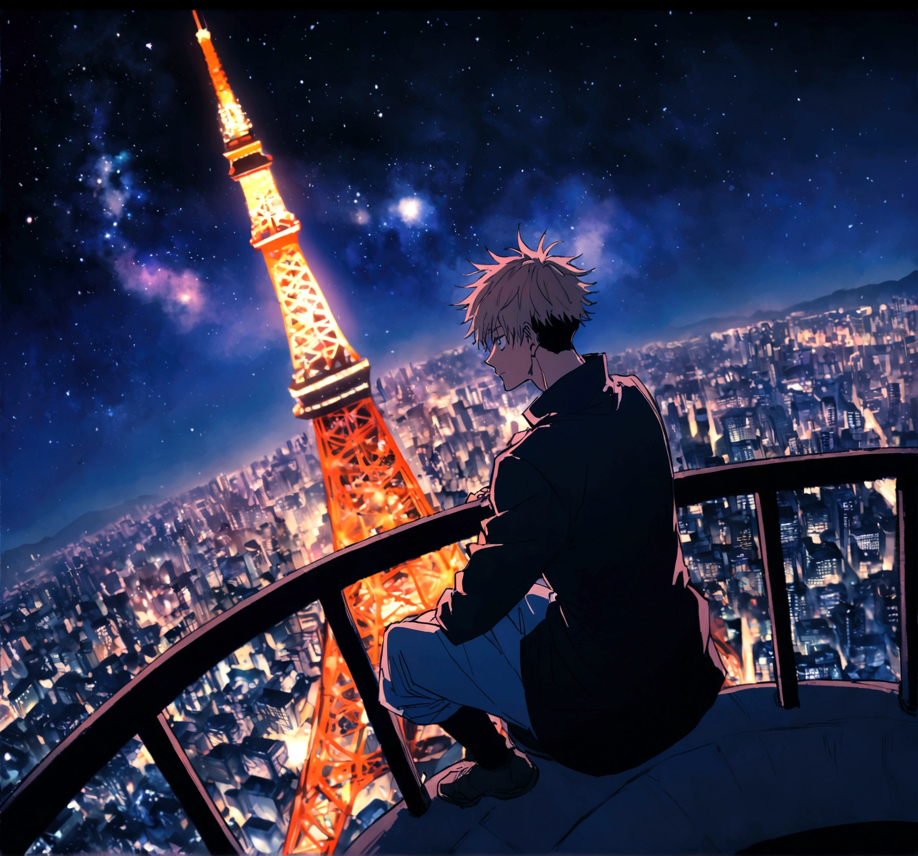 Gojo Satoru From Jujutsu Kaisen Anime, Sitting On a Tokyo Tower at the night time, the sky is full of beautiful milkyway galaxy, he is looking the beautiful town below shining with full of different lights full japanese environment, everyting is animated, 4k quality, high resoultion.