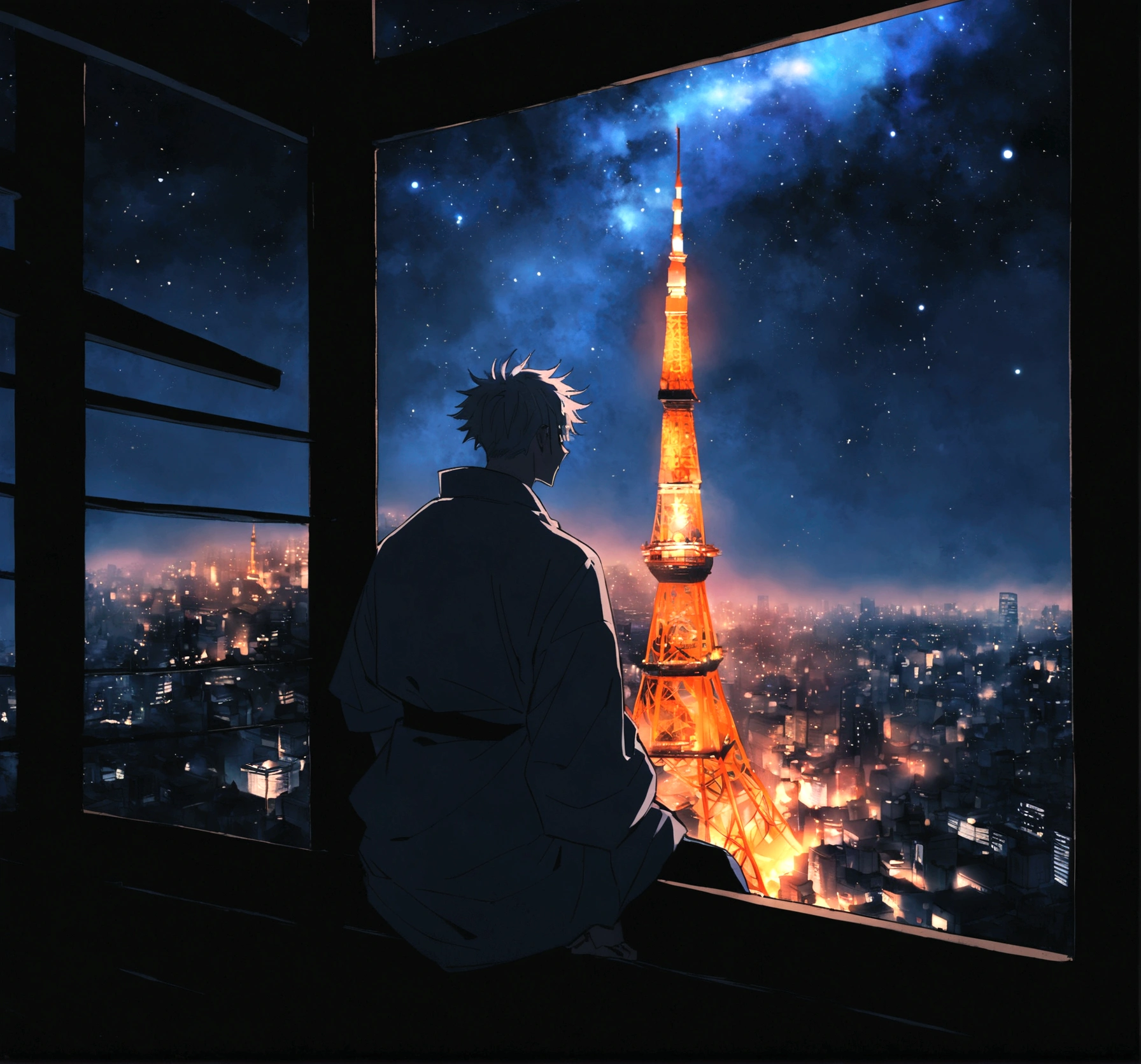 Gojo Satoru From Jujutsu Kaisen Anime, Sitting On a Tokyo Tower at the night time, the sky is full of beautiful milkyway galaxy, he is looking the beautiful town below shining with full of different lights full japanese environment, everyting is animated, 4k quality, high resoultion.