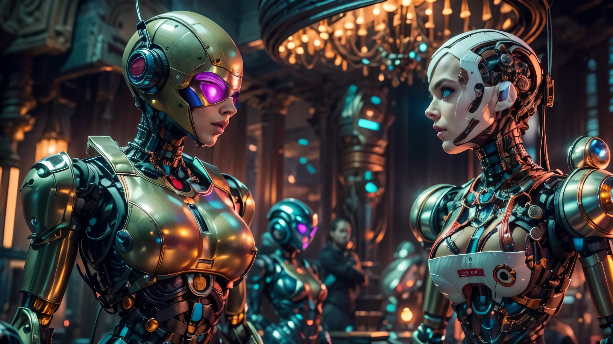 there are two robots that are standing next to each other, machines and futurist robots, death and robots, robot cyborgs, dieselpunk cyborgs, cyber steampunk 8 k 3 d, humanoid robots, still from alita, movie still of aztec cyborg, futuristic robots, from a 2 0 1 9 sci fi 8 k movie