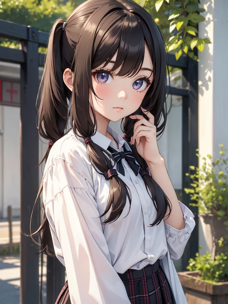 (8K, Best Quality, Masterpiece, Ultra High Resolution) 1 Girl, Young, , Beautiful Eyes, Face Details, Dark Brunette Hair, Two Pigtails, Hazel Eyes, Pale Skin, Blouse, Plaid Skirt, Outside Japanese School, Best Quality, Upper Body, Looking at the Viewer, Facing Viewer, Close Up